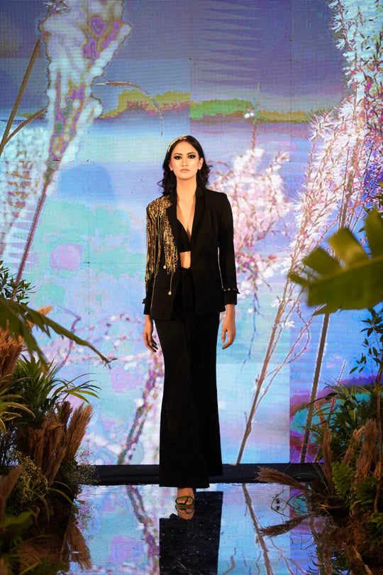 Black Pantsuit Set With Metallic Gold Embellishment