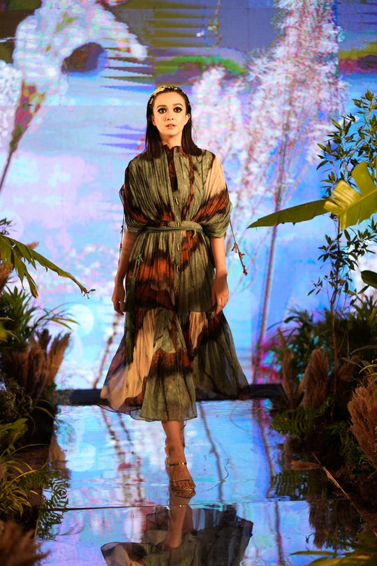 Powder Blue Butterfly Print Pleated Midi