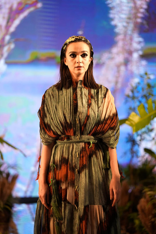 Powder Blue Butterfly Print Pleated Midi