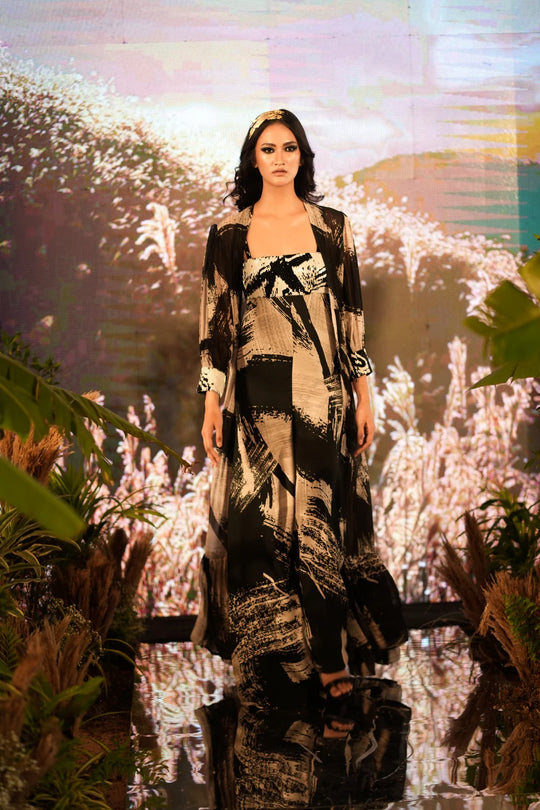 Black & White Stroke Print Jumpsuit With Glass Bead Embellishment