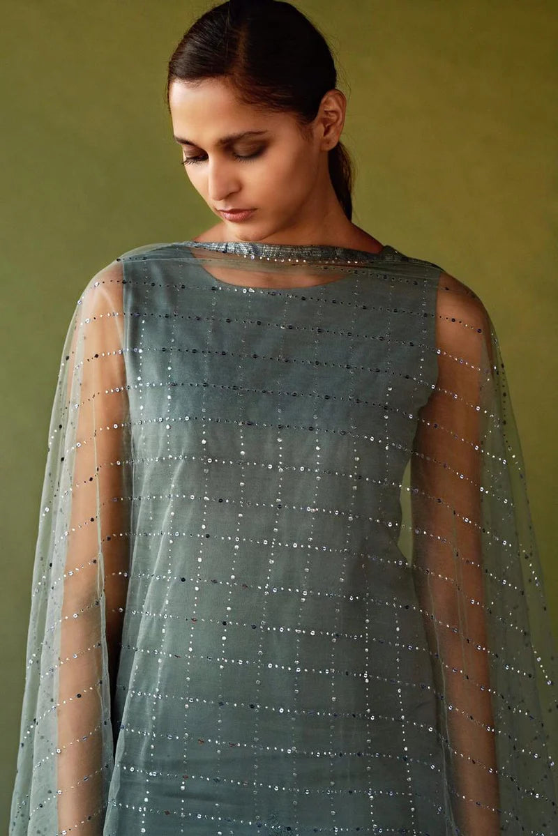 Jade green pewter hand-embellished kurta with sheer dupatta and delicate shimmer detailing