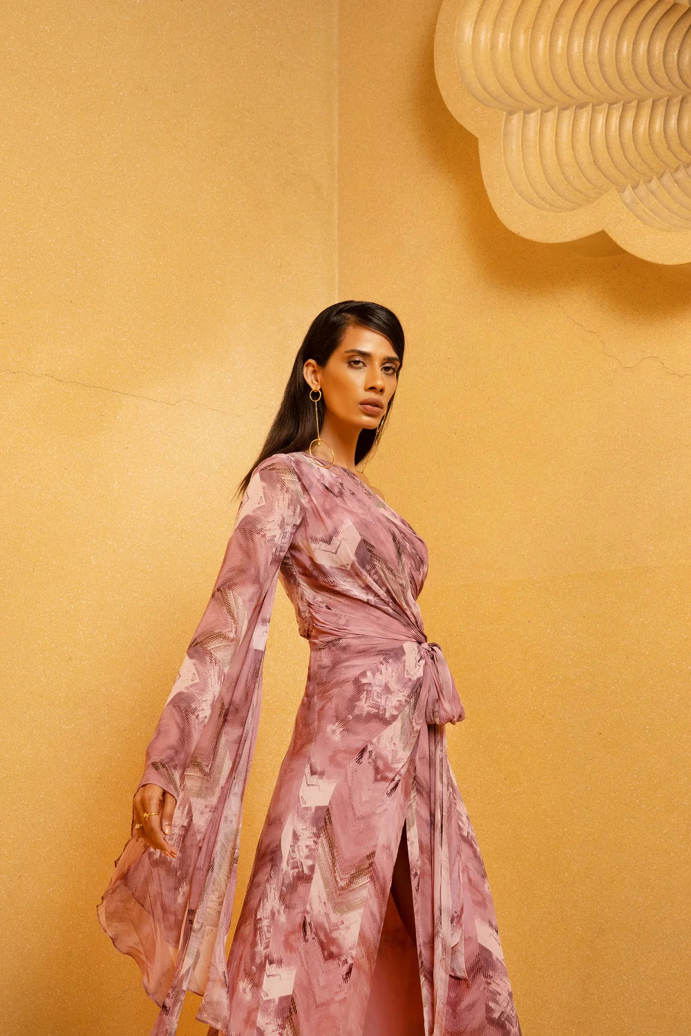 Lilac Floss Print One Shoulder Slit Draped Dress