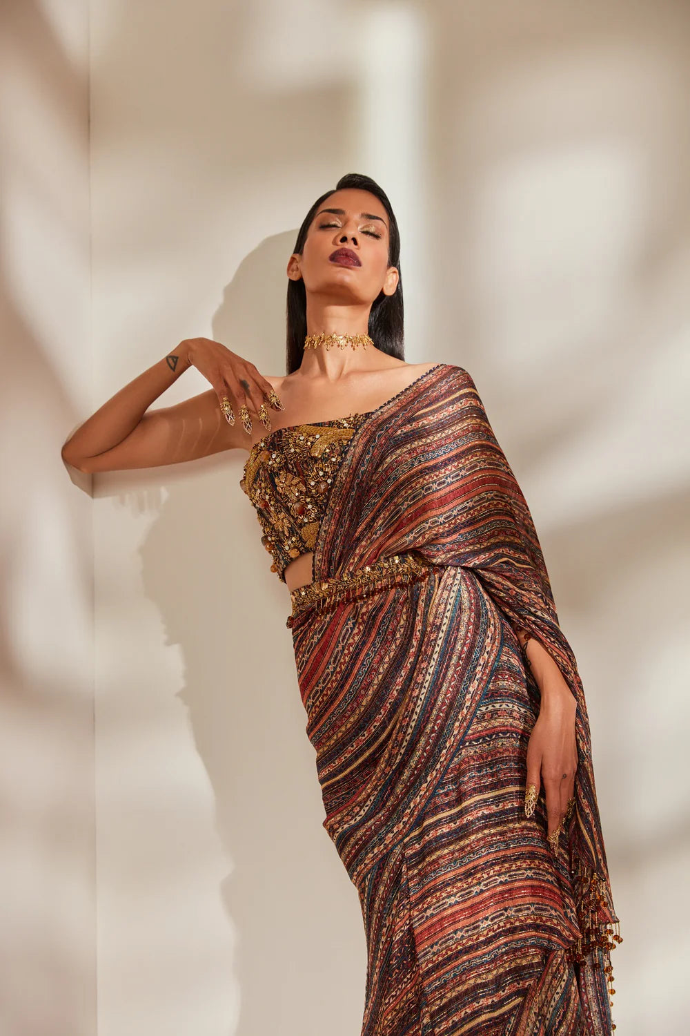 Stripe Print Ruffle Saree With Tube And Belt With Baroque Handwork