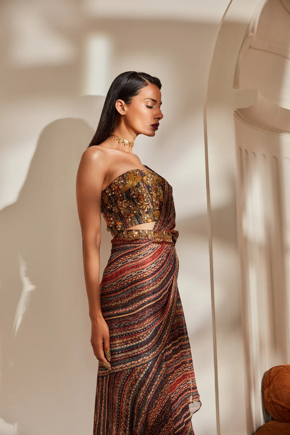 Stripe Print Ruffle Saree With Tube And Belt With Baroque Handwork