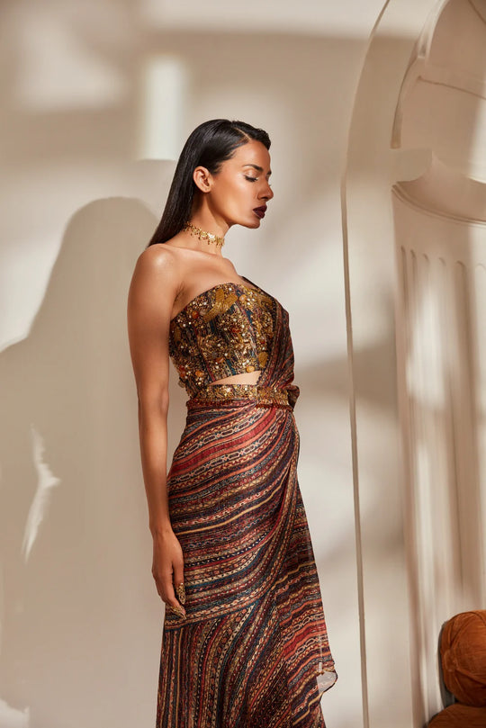 Stripe Print Ruffle Saree With Tube And Belt With Baroque Handwork