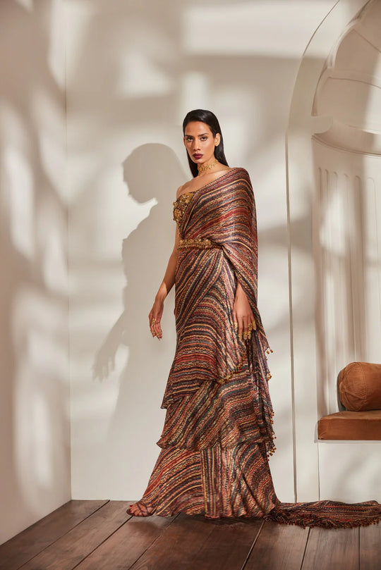 Stripe Print Ruffle Saree With Tube And Belt With Baroque Handwork