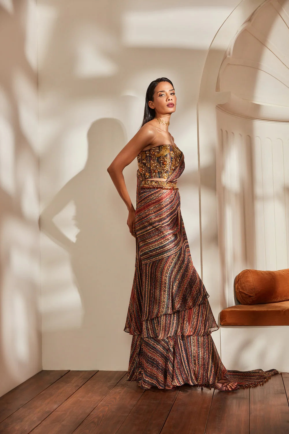 Stripe Print Ruffle Saree With Tube And Belt With Baroque Handwork