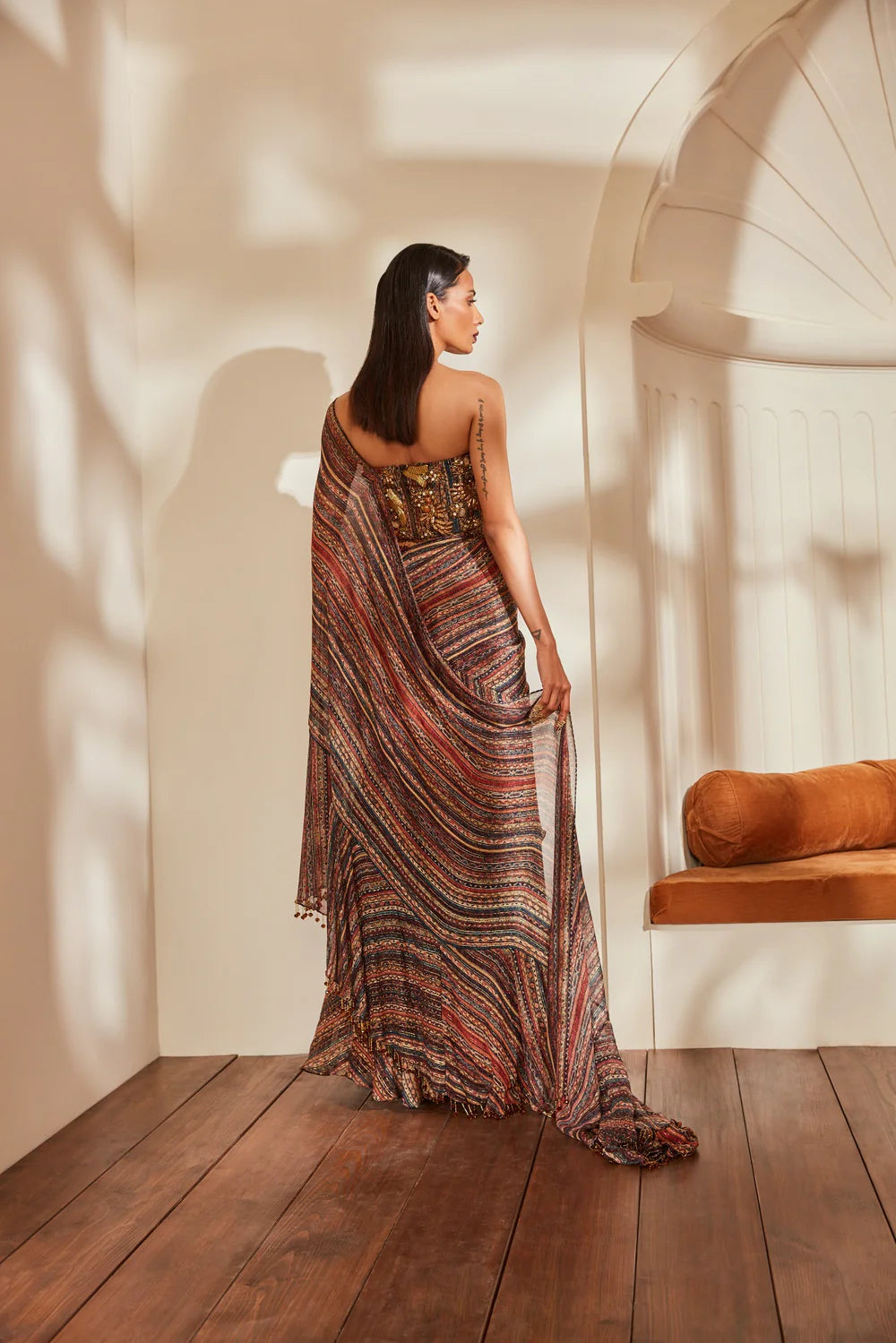 Stripe Print Ruffle Saree With Tube And Belt With Baroque Handwork