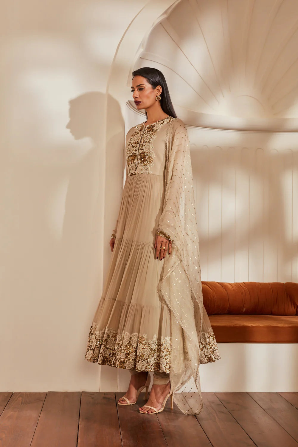 Off White Anarkali With Churidar And Dupatta With Baroque Handwork