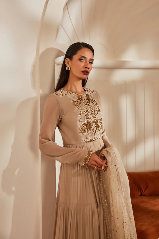 Off White Anarkali With Churidar And Dupatta With Baroque Handwork