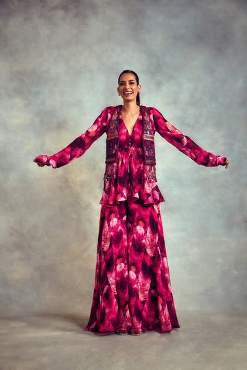 Trippy Magenta Print Sharara, Peplum Top & Jacket In HandThread Embroidery With Gold & Metallic Embellishments