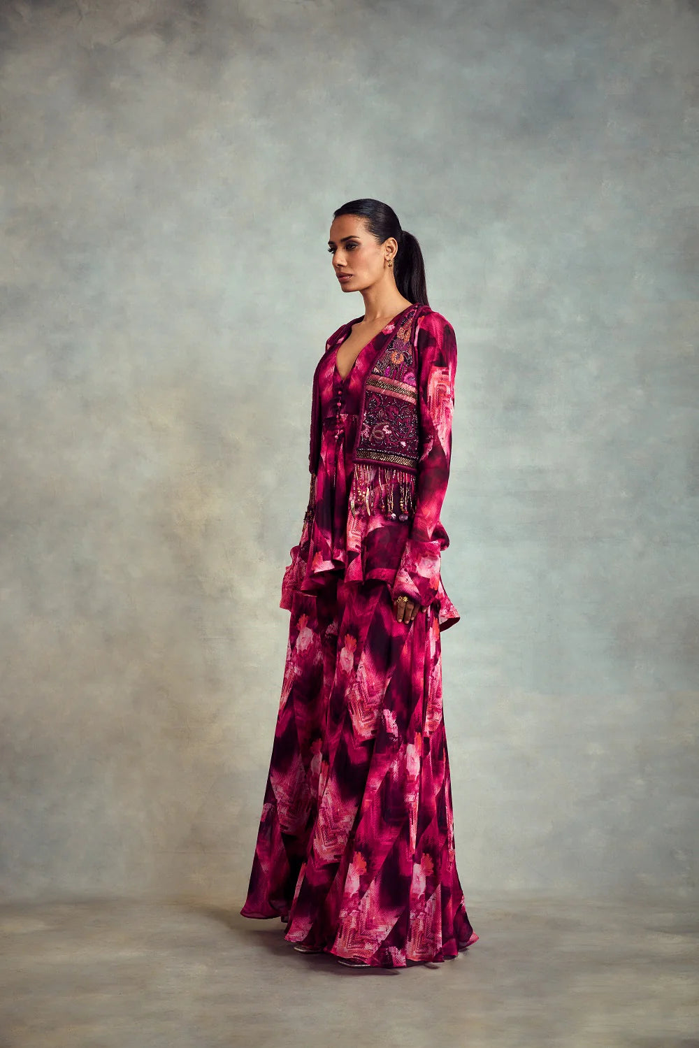 Trippy Magenta Print Sharara, Peplum Top & Jacket In HandThread Embroidery With Gold & Metallic Embellishments