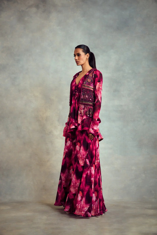 Trippy Magenta Print Sharara, Peplum Top & Jacket In HandThread Embroidery With Gold & Metallic Embellishments