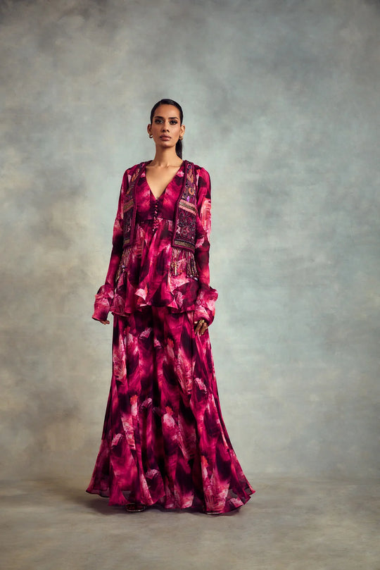 Trippy Magenta Print Sharara, Peplum Top & Jacket In HandThread Embroidery With Gold & Metallic Embellishments