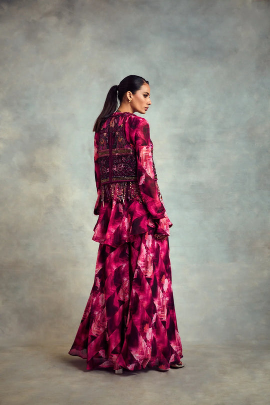 Trippy Magenta Print Sharara, Peplum Top & Jacket In HandThread Embroidery With Gold & Metallic Embellishments