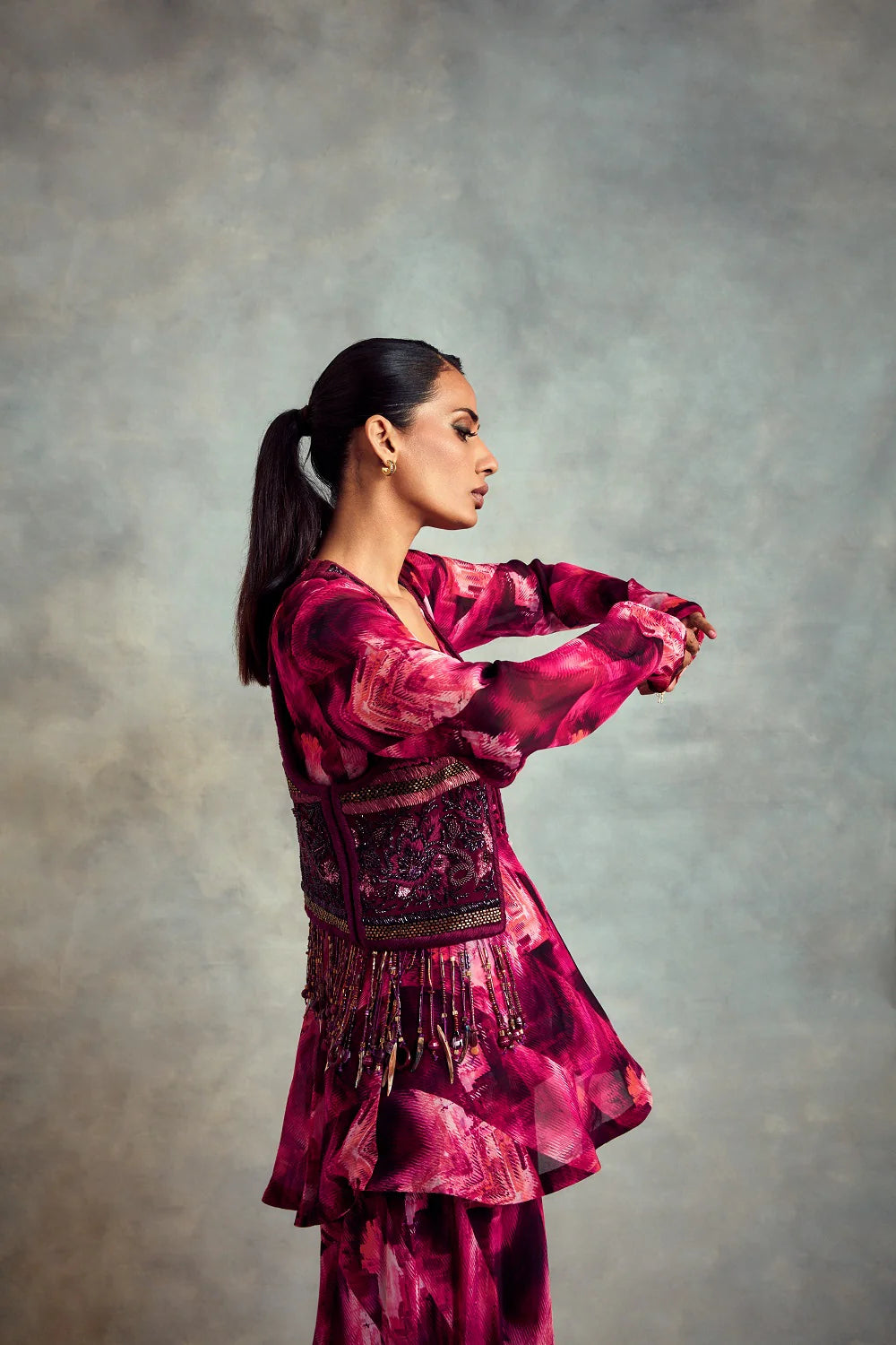 Trippy Magenta Print Sharara, Peplum Top & Jacket In HandThread Embroidery With Gold & Metallic Embellishments