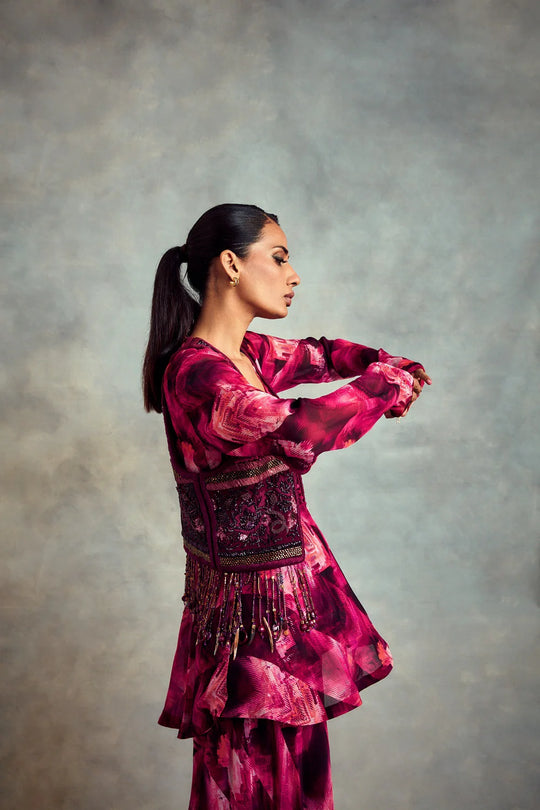 Trippy Magenta Print Sharara, Peplum Top & Jacket In HandThread Embroidery With Gold & Metallic Embellishments