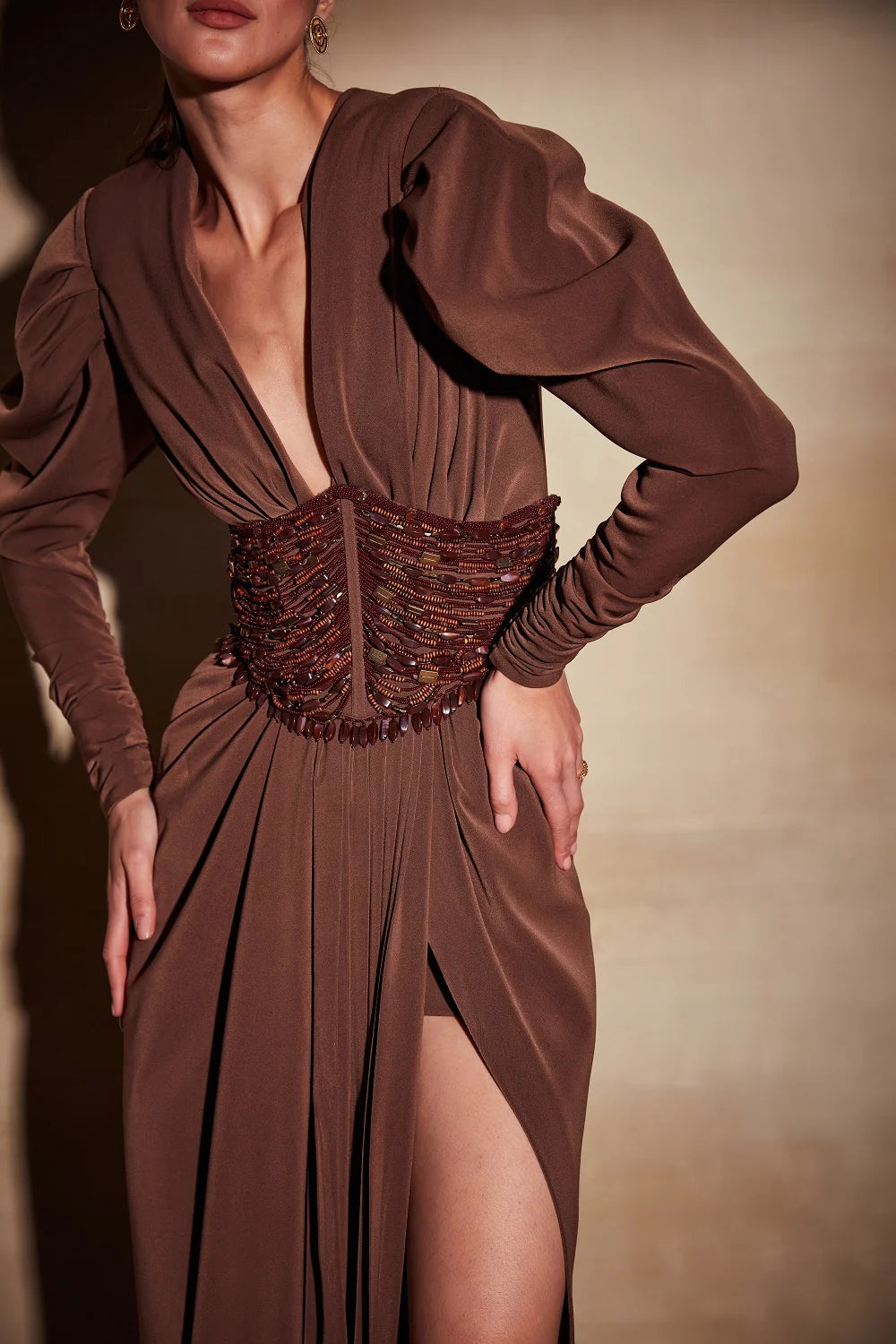 Dark Tan Dress With Slit - Close Up Pose