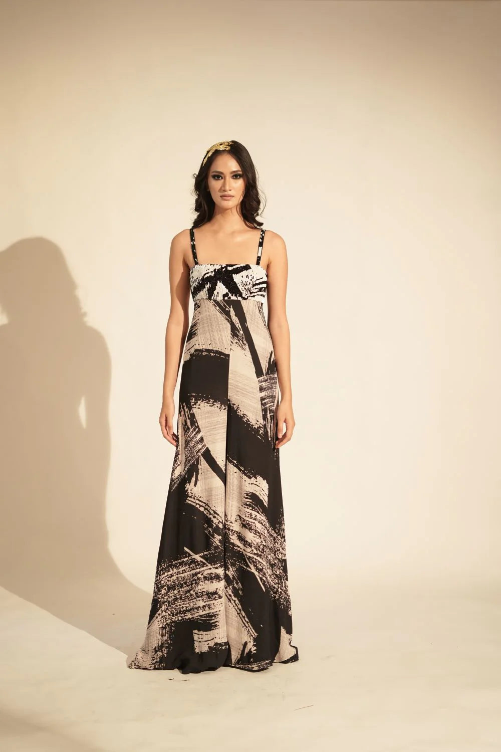 Black & White Stroke Print Jumpsuit With Glass Bead Embellishment