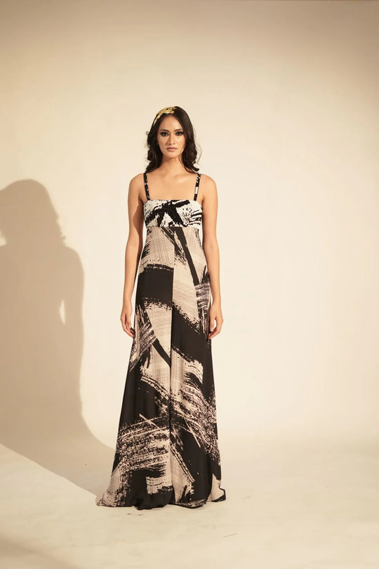 Black & White Stroke Print Jumpsuit With Glass Bead Embellishment