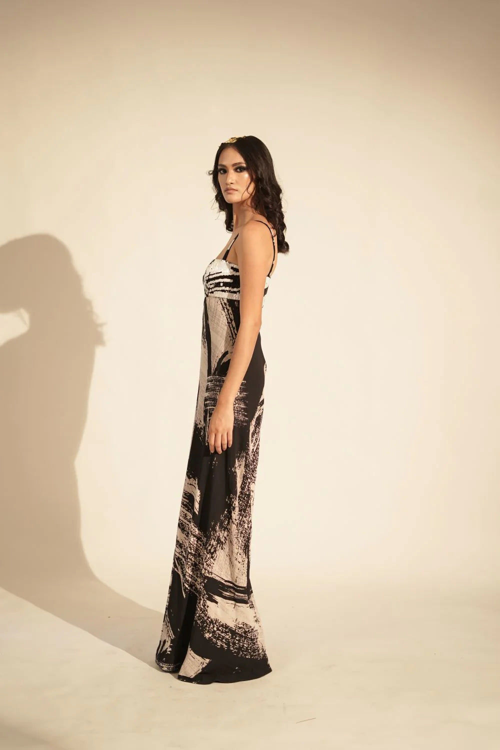 Black & White Stroke Print Jumpsuit With Glass Bead Embellishment