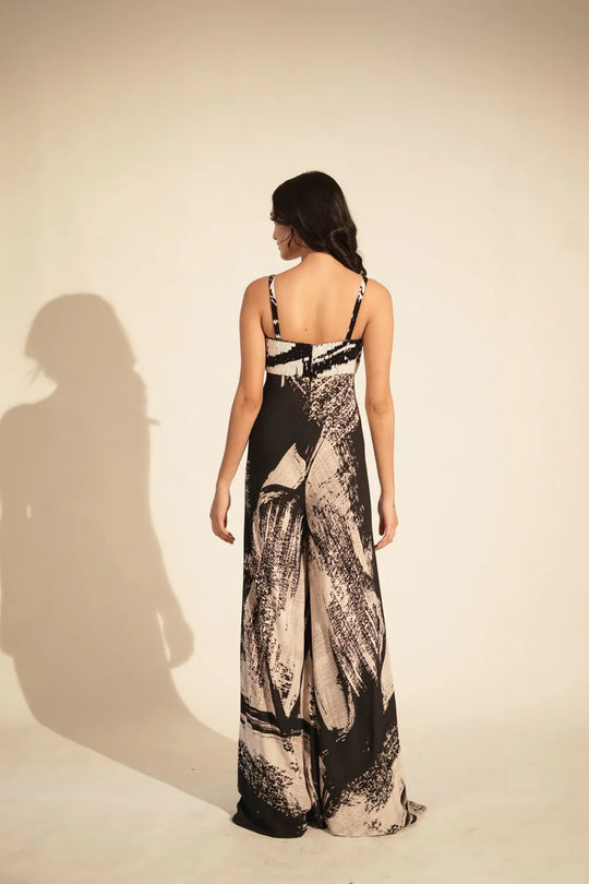 Black & White Stroke Print Jumpsuit With Glass Bead Embellishment