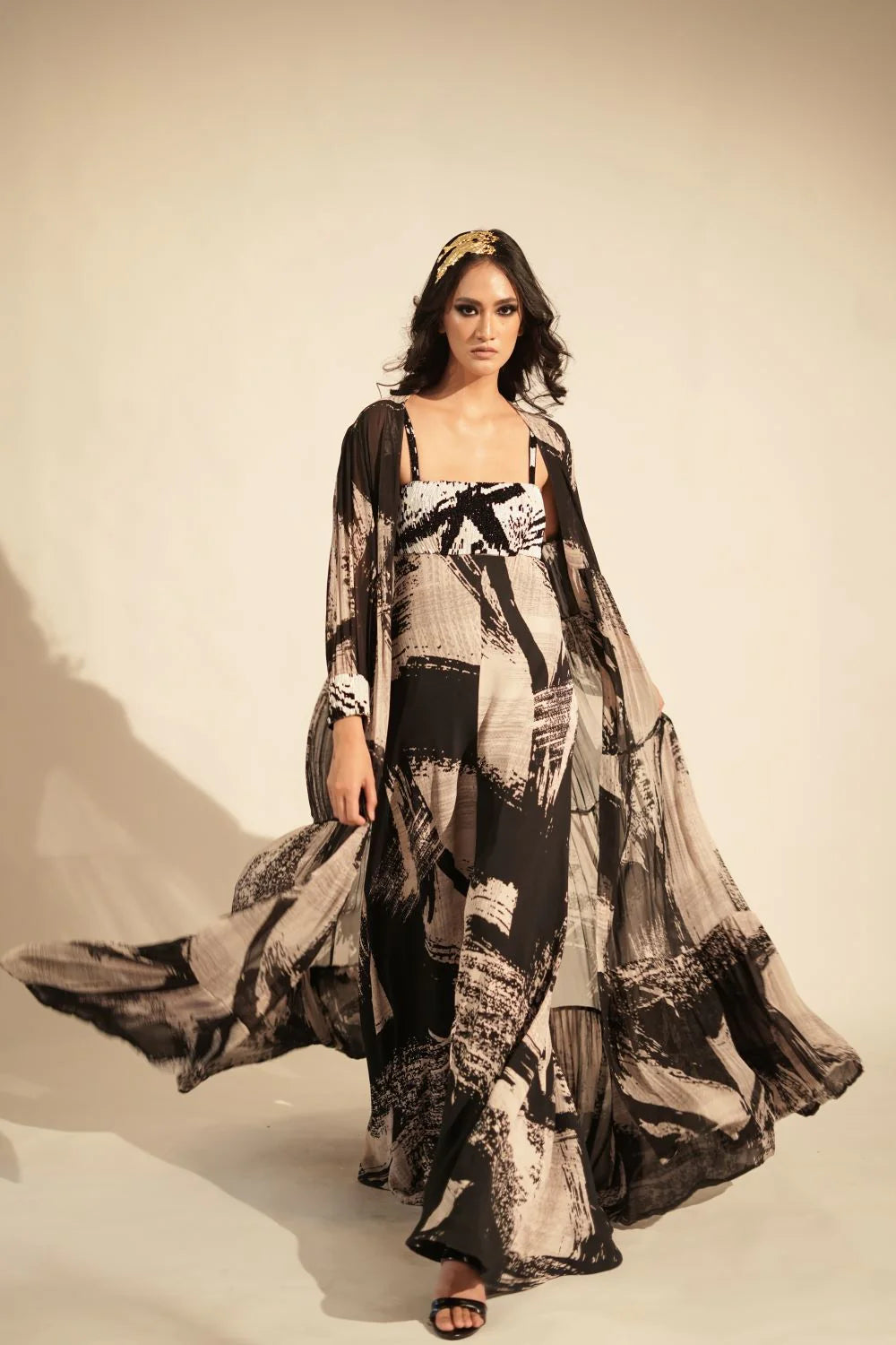 Black & White Stroke Print Jacket With Glass Bead Embellishment On Cuffs