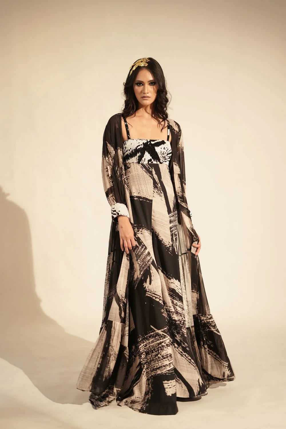 Black & White Stroke Print Jacket With Glass Bead Embellishment On Cuffs