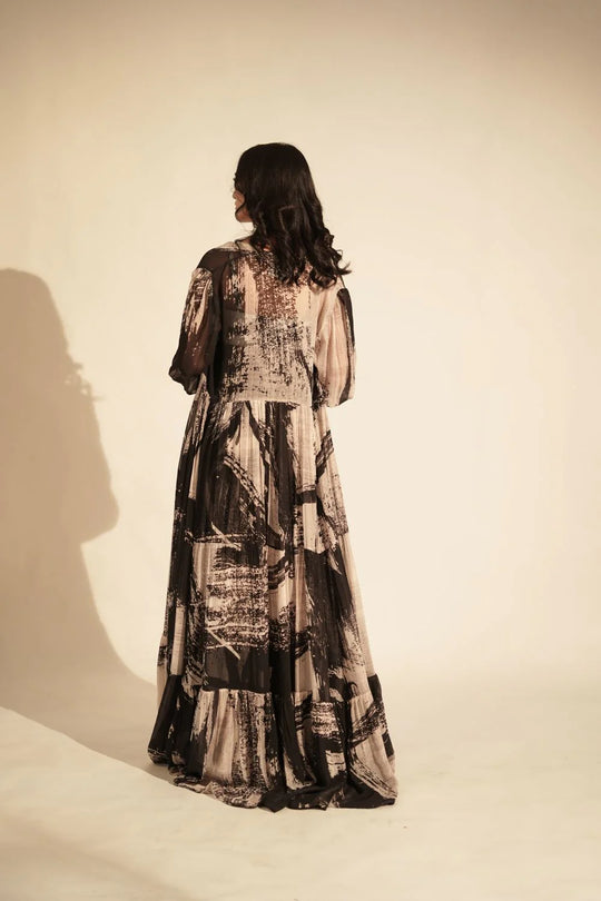 Black & White Stroke Print Jacket With Glass Bead Embellishment On Cuffs