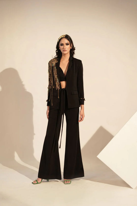 Black Pantsuit Set With Metallic Gold Embellishment