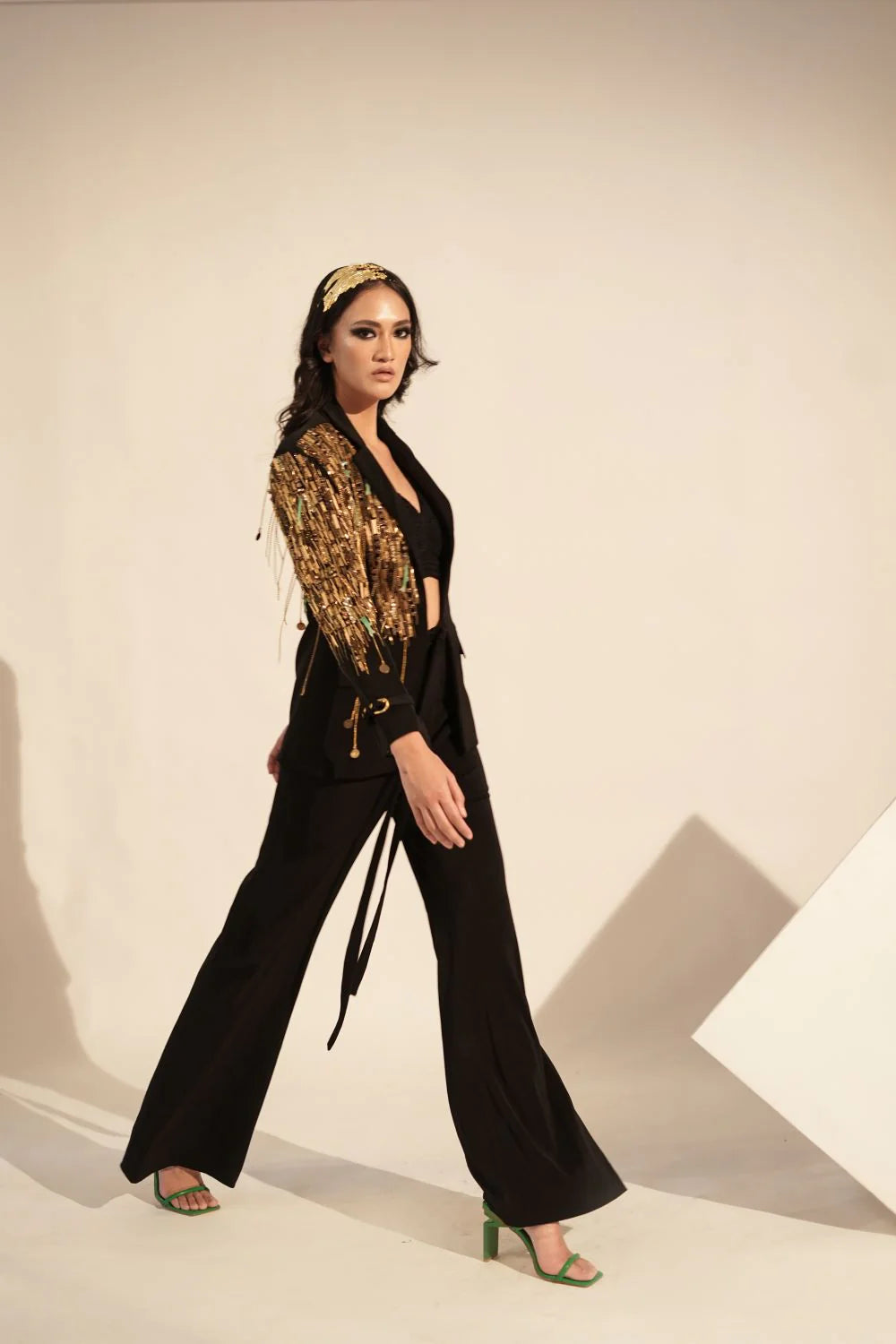 Black Pantsuit Set With Metallic Gold Embellishment