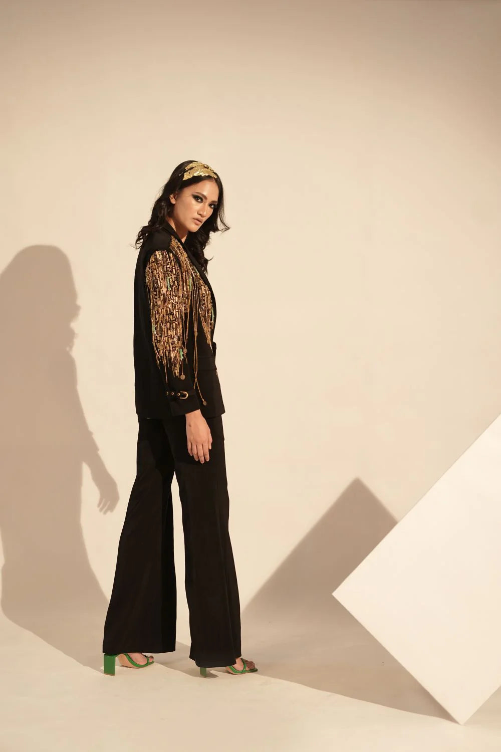 Black Pantsuit Set With Metallic Gold Embellishment