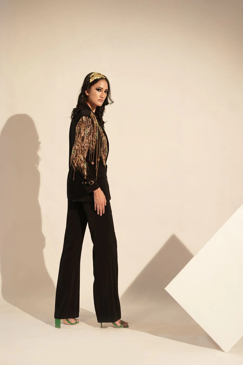 Black Pantsuit Set With Metallic Gold Embellishment