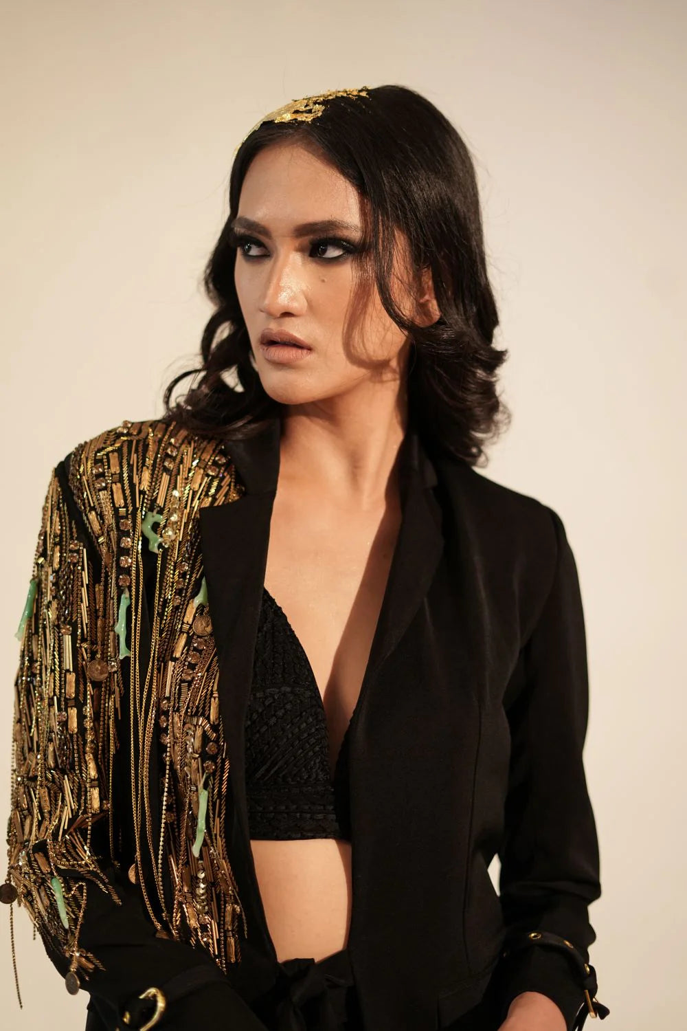 Black Pantsuit Set With Metallic Gold Embellishment