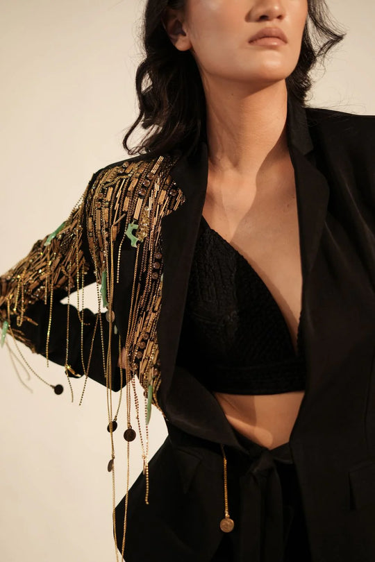 Black Pantsuit Set With Metallic Gold Embellishment