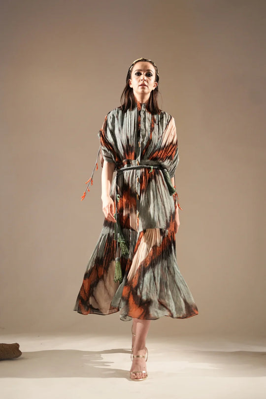 Powder Blue Butterfly Print Pleated Midi