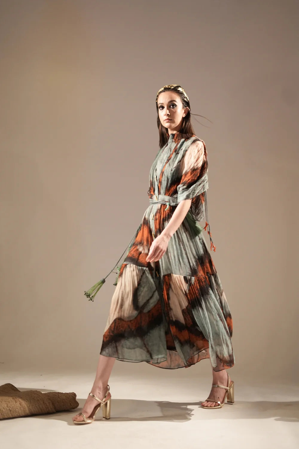 Powder Blue Butterfly Print Pleated Midi