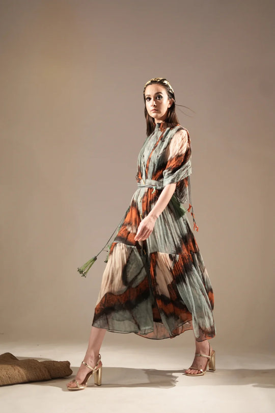 Powder Blue Butterfly Print Pleated Midi