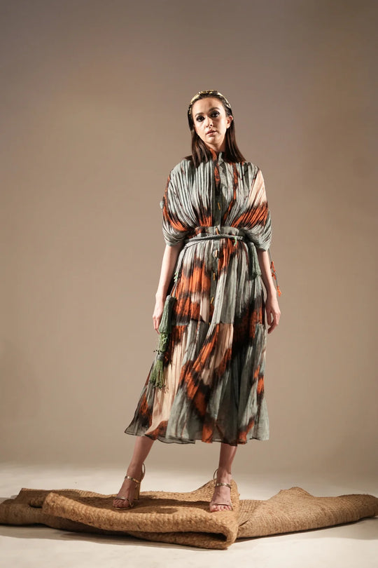 Powder Blue Butterfly Print Pleated Midi