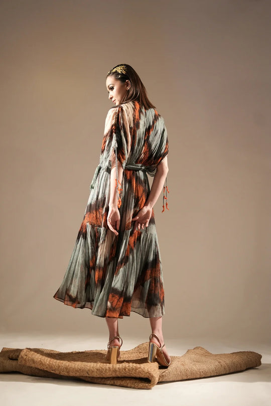 Powder Blue Butterfly Print Pleated Midi