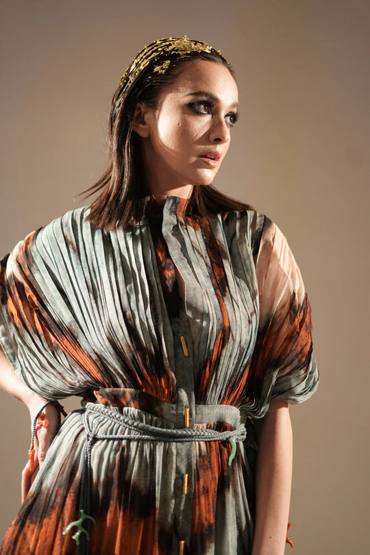 Powder Blue Butterfly Print Pleated Midi