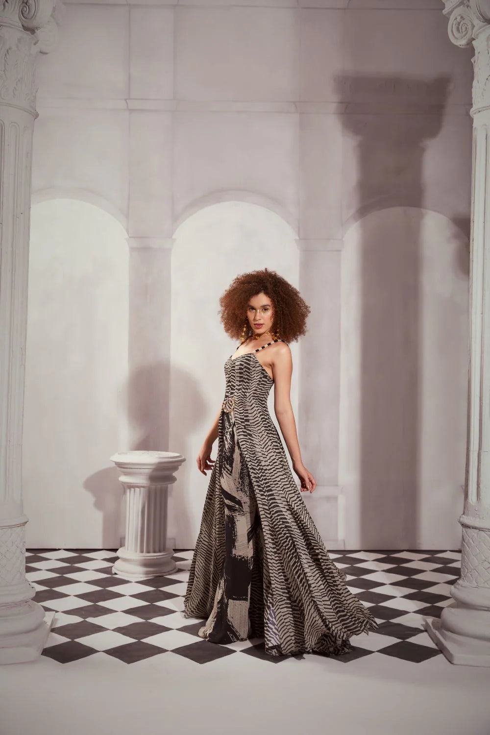 Black & White Byzantine Print High Slit Dress