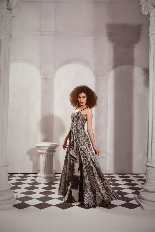 Black & White Byzantine Print High Slit Dress