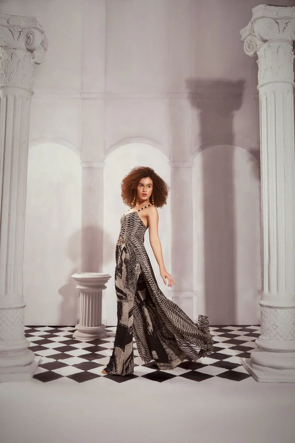 Black & White Byzantine Print High Slit Dress