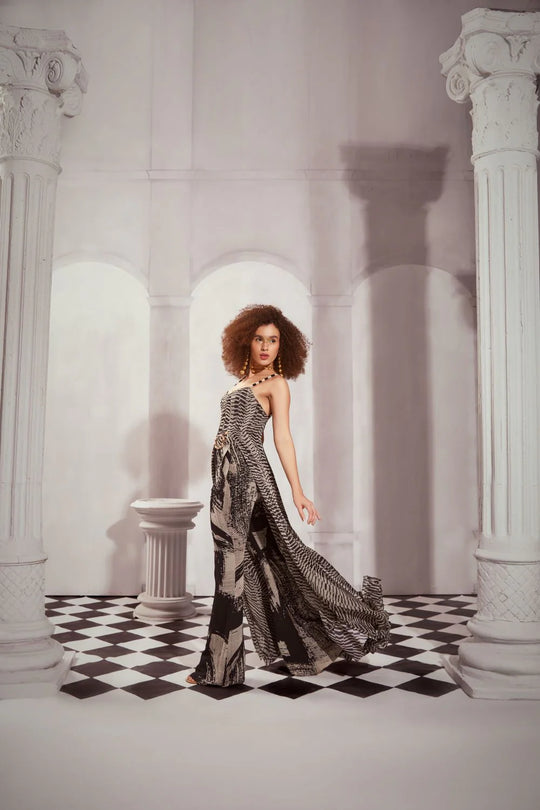 Black & White Byzantine Print High Slit Dress
