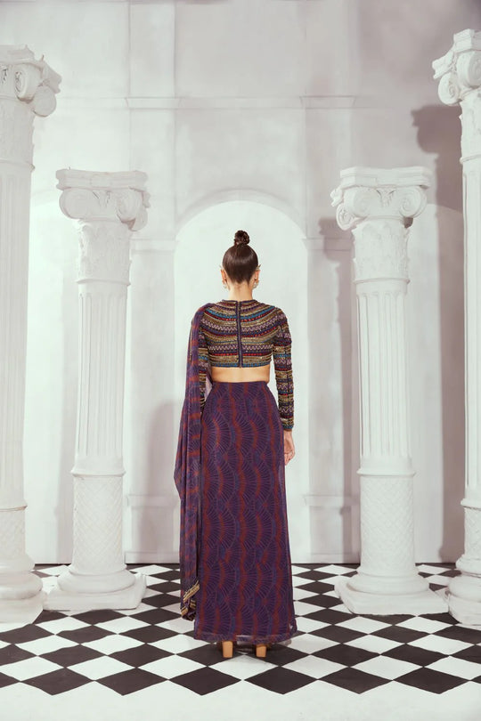 Overtine Greek Art Print Pre Draped Saree - Back