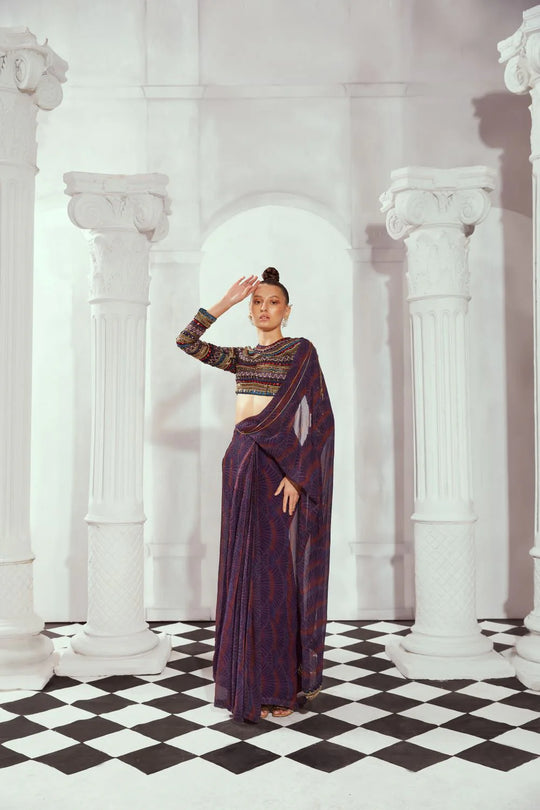 Overtine Greek Art Print Pre Draped Saree - Front 2