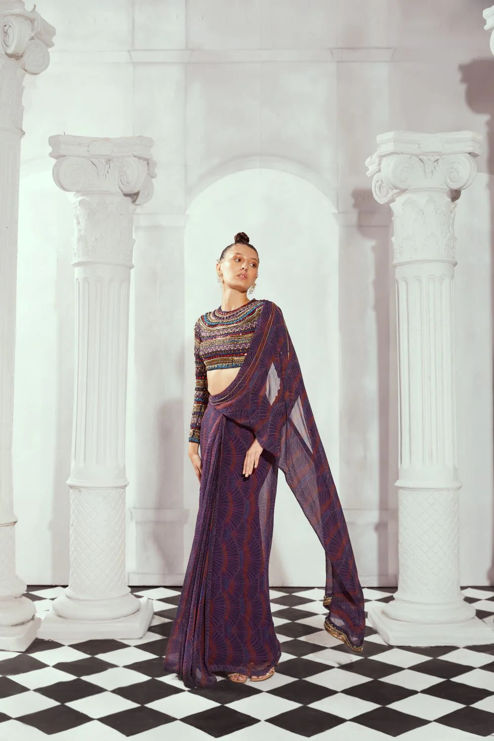 Overtine Greek Art Print Pre Draped Saree - Front