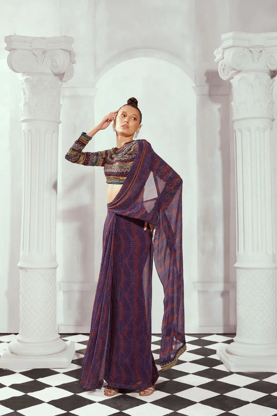 Overtine Greek Art Print Pre Draped Saree