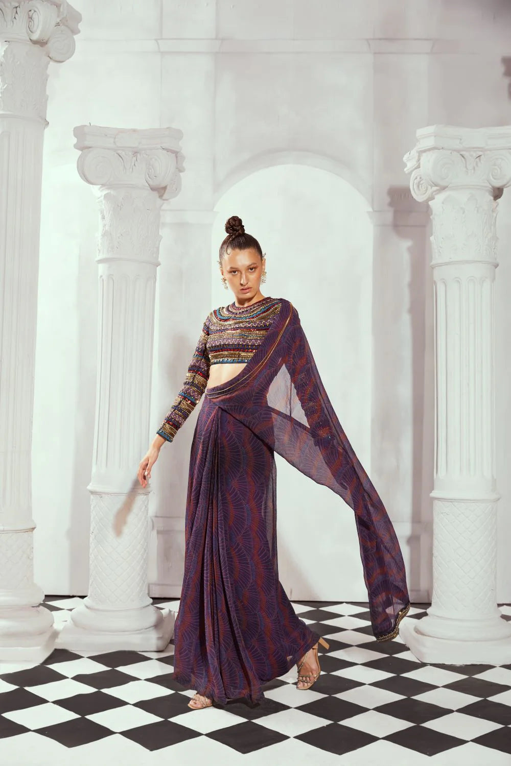 Overtine Greek Art Print Pre Draped Saree - Right